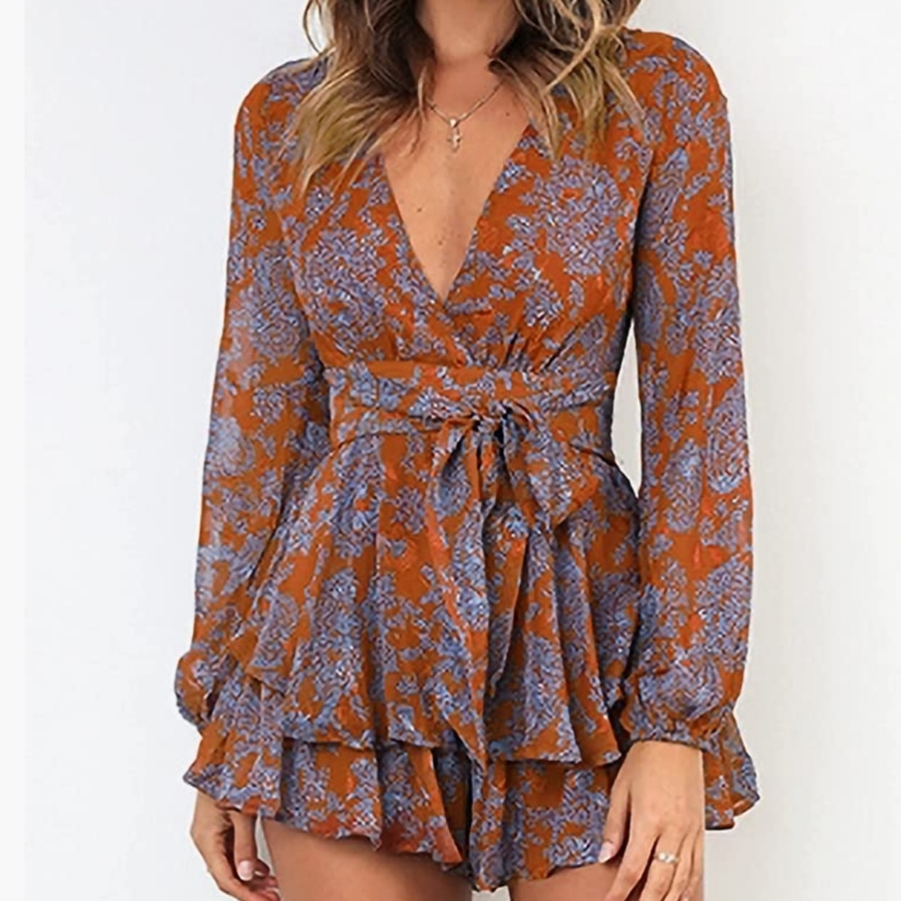 🔥 Women's Jumpsuit Floral Print V Neck Baggy Sleeve Waist Tie Double Layer - Picture 1 of 6
